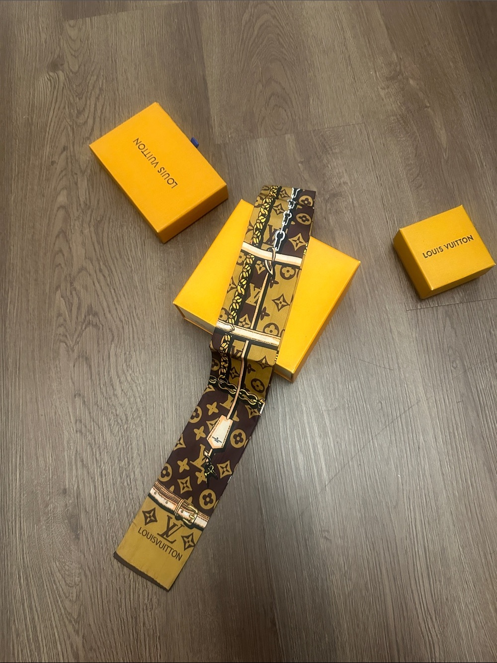 L.V. Brown & Tan Monogram Silk Narrow Scarf